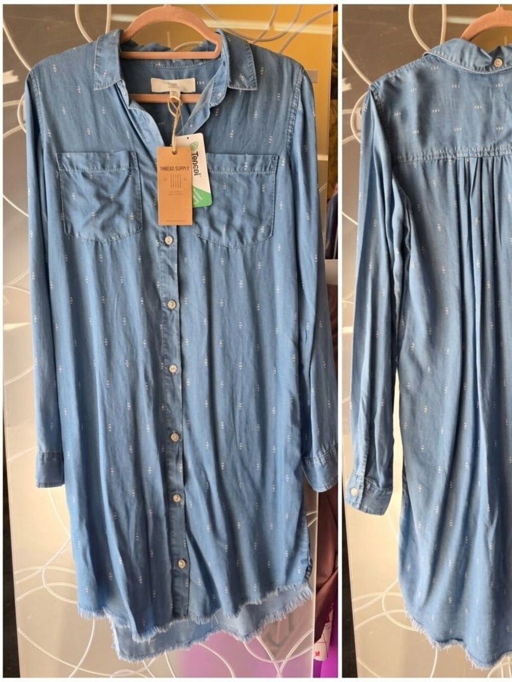 Thread & Supply XS NWT light denim button up dress with pattern frayed bottom
